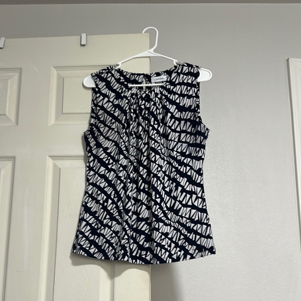 Calvin Klein Black and White Ruched Fitted Blouse